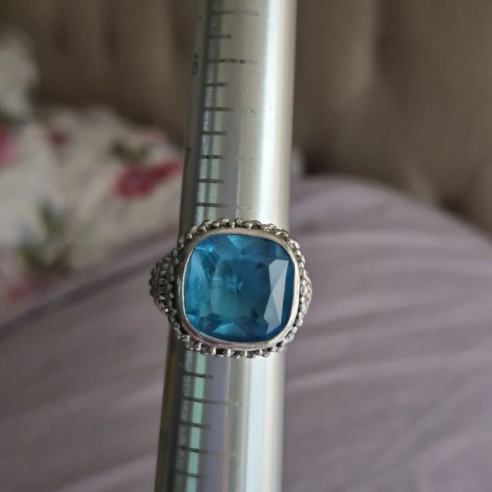 Vintage Checkerboard large Blue Topaz Chunky silver ring size 8
